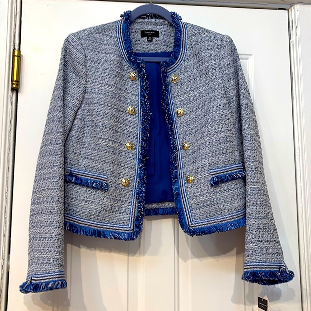 Tahari ASL Azure Blue Open Front Fringed Blazer